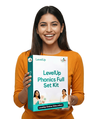 Teacher introducing the LevelUp Online Education phonics kit to enhance early literacy foundation