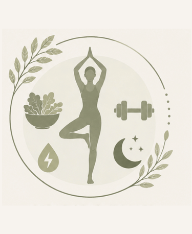 Minimalist holistic wellness illustration featuring yoga tree pose, healthy food, weights, and sleep icons.