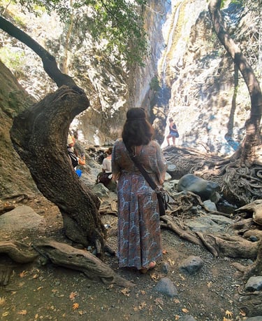 a woman in a dress looking at a Platres waterfall during a Cyprus nature photography tour
