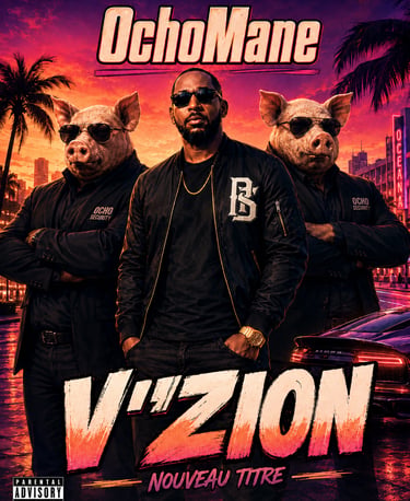 OchoMane V'Zion album cover featuring a man with pig-headed bodyguards in a sunset city setting.