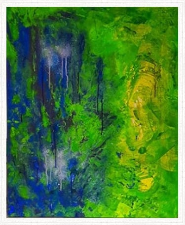 Peinture abstraite acrylique évoquant des brumes et une lumière diffuse en transformation