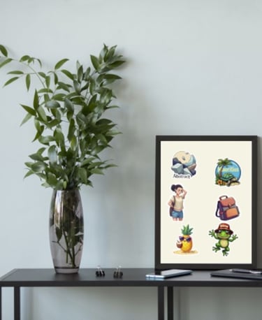 Mockup with collectible stickers displayed in a frame, Wyrlight design for POD.