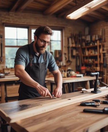 A woodworking table with various tools and wooden pieces. A smoothing plane and a set square are placed alongside planks of wood. A person's hands rest on the table as they work on the wooden project. Ear protection headphones are also visible.