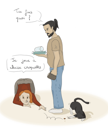 cartoon of a man talking to a woman playing with a cat