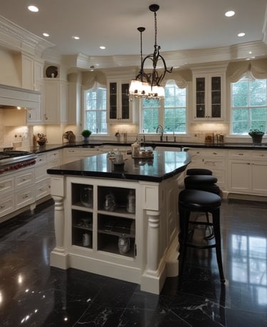 A beautifully polished black granite countertop in a modern kitchen setting.