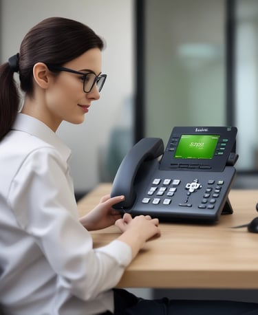 a woman in a white shirt and glasses is sitting at a desk with a phone