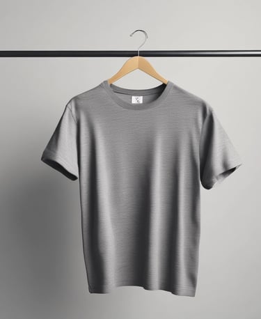 A close-up of a laptop displaying a shopping website. The screen shows a model wearing a red top and white wide-leg pants along with white sandals. The text indicates details of a round-neck t-shirt with prices mentioned.