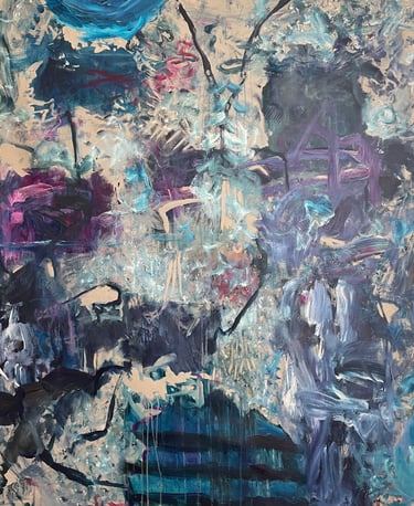 abstract expressionism large artwork with a variety of shapes in dark blues and purples with impasto