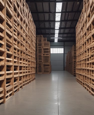 A variety of new pallets stacked neatly in a warehouse.
