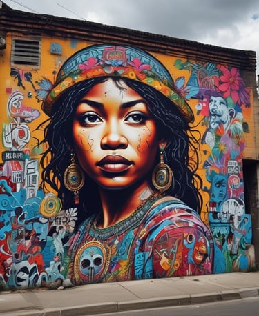 A vibrant urban street scene with colorful murals on building facades, featuring intricate graffiti art that includes cityscapes and characters. Shoppers and pedestrians are visible on the sidewalk, along with retail shops offering clothing and souvenirs. Street signs, lampposts, and a few trees add to the urban atmosphere.