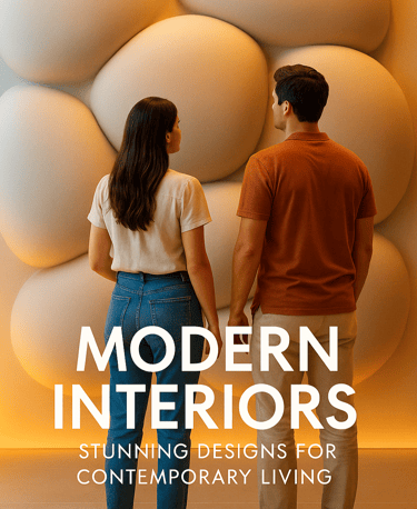 Gráfico promocional “Modern Interiors” con relieve mural orgánico — Pedro Alonso Studio.