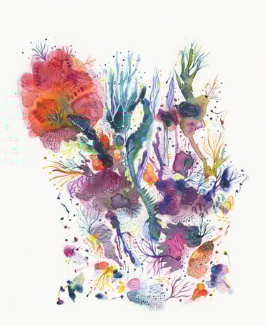 Aquarelle contemporaine végétation aquatique colorée