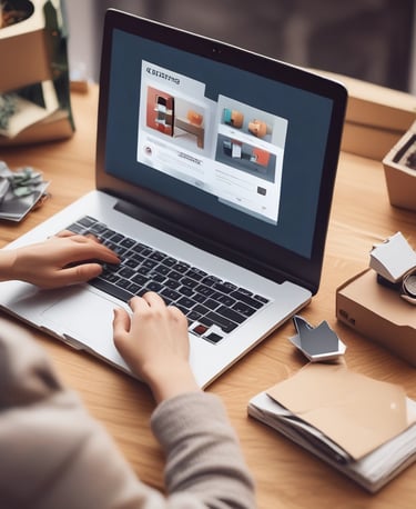 A person is using a laptop to browse an online marketplace featuring various digital products or themes. The screen displays a selection of software or website themes with descriptions and prices. The person seems to be in a well-lit room, sitting at a table.