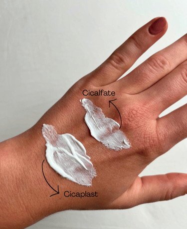 Small swatches of La Roche-Posay Cicaplast Balm B5 and Avène Cicalfate+ creams displayed on hand.