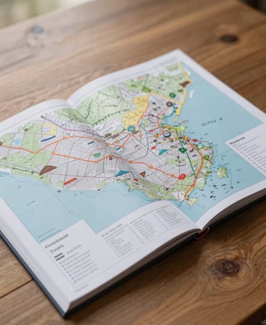 Flat-lay of a premium printed travel guide with detailed vector maps, lying on a wooden table under soft, diffused natural daylight.