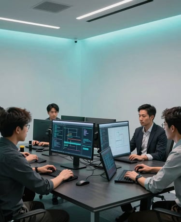 A modern, minimalist tech office with clean architecture and subtle cyan lighting. Global / Tech Professional software engineers working together around a dark slate conference table discussing data architecture on sleek monitors.