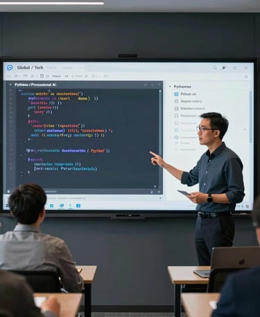 A modern corporate seminar room where a Global / Tech Professional instructor leads an onsite Python and AI workshop, presenting clean code and data visualization slides on an interactive glass board in a sober dark slate setting.