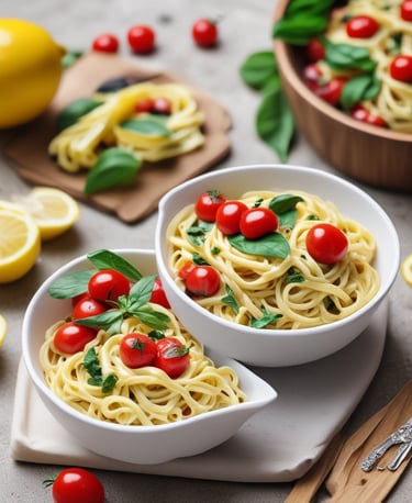 A close-up view of a gourmet pasta dish featuring fettuccine noodles. The dish includes a rich, creamy sauce with a golden-brown hue, complemented by pieces of shrimp and olives. Garnished with fresh herbs, the plate is artistically presented with small dots of green sauce around the edge.