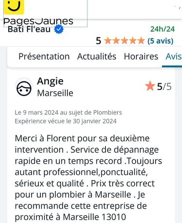 service d' urgence  plomberie Bati Fl'eau à Marseille, avec une note de 5 etoiles 