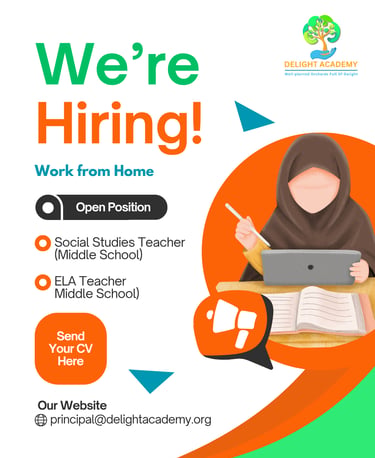 Job flyer for remote Middle School Social Studies and ELA Teachers at Delight Academy.