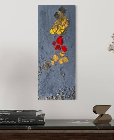 Œuvre d'art abstraite grise rouge et jaune sur MDF exposée dans un décor