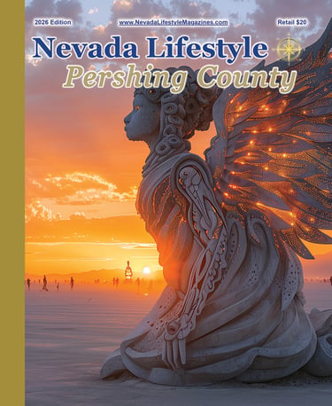 Nevada Lifestyle Pershing County magazine cover featuring a glowing desert art sculpture at sunset.