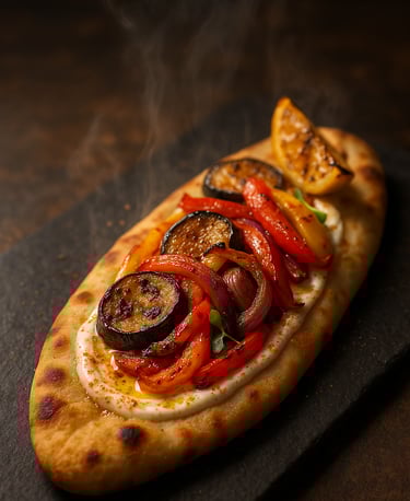 a wholewheat flatbread crust and smoked vegetables on a black surface
