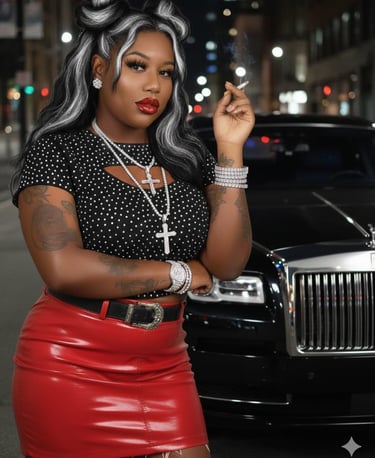 a woman in a red skirt and black top