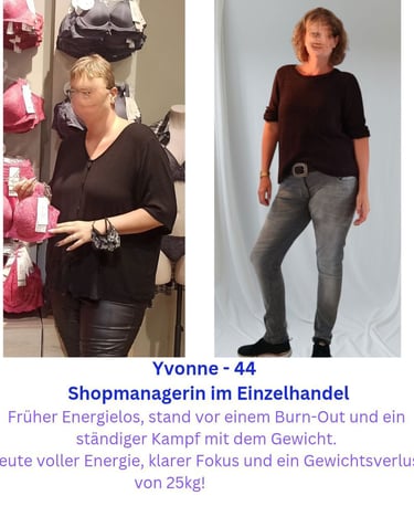 Vorher-Nachher-Bild von Yvonne, 44 Jahre, Shopmanagerin im Einzelhandel. Links vor der Transformatio