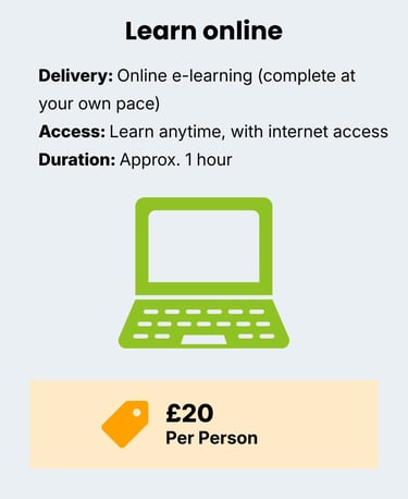 information on online learning with a green computer icon. Price £20 per person