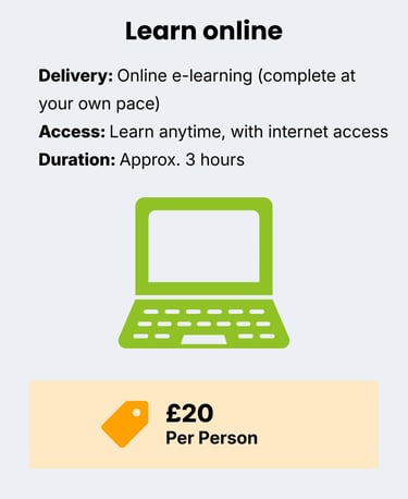 Information about online learning with a green computer icon. Price £20 per person