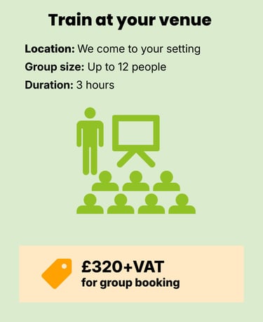 Information on training at your venue, green icon of people learning. Price £320 per group