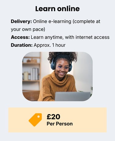Information about online learning with a green computer icon. Price £20 per person