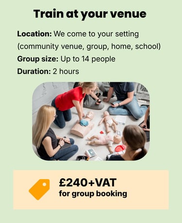 information on training at your venue, green icon of people learning. Price £240 per group
