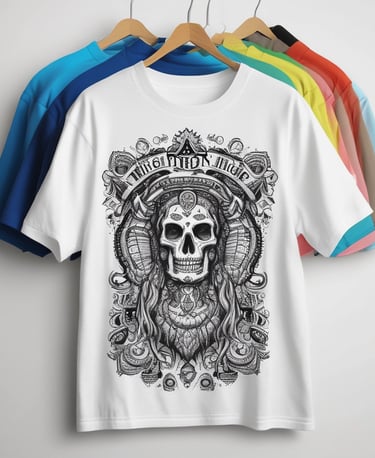 A colorful display of custom t-shirts hanging on a rack.