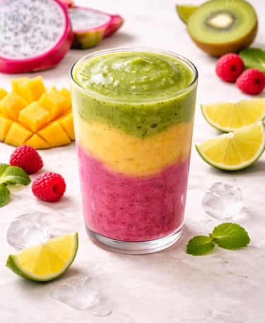 Layered tropical fruit smoothie with dragon fruit, mango, and kiwi served with fresh berries and lime.