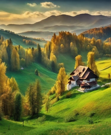 a house in the mountains with a mountain in the background