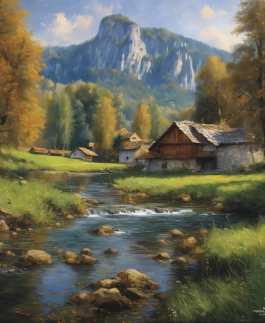 a painting of a mountain scene with a stream running through it