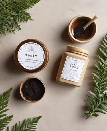 Close-up of a jar of rich coffee scrub with natural textures around it
