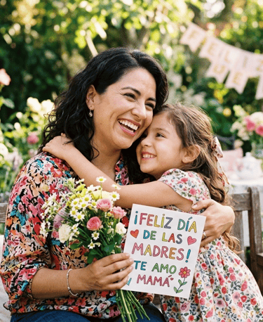 Mother and daughter hugging in a garden with a Feliz Dia de las Madres card and flowers.