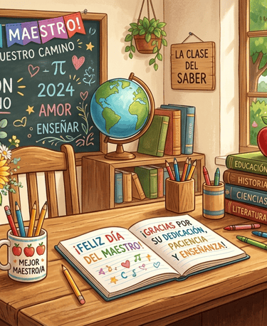 Spanish Teacher's Day classroom with chalkboard, books, and flowers celebrating Feliz Día del Maestro.