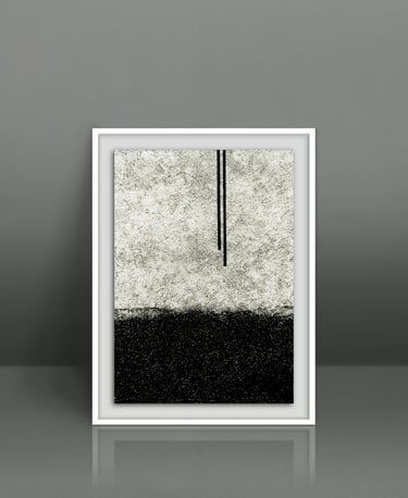 Framed minimalist black and white abstract wall art with textured grainy gradients and vertical lines.
