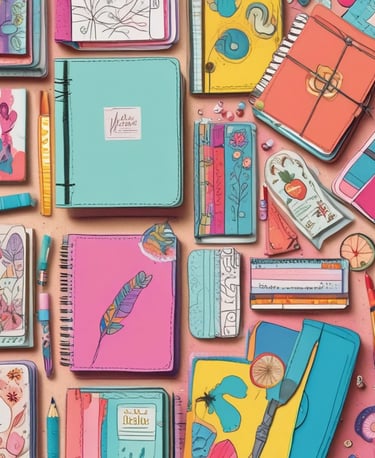 A cozy workspace with an open journal, colorful pens, and soft natural light.