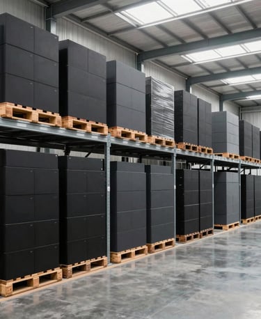 A wide-angle professional photograph of a modern, well-lit wholesale distribution facility in North America. High steel shelving units hold neatly stacked palletized goods in matte black and dark grey packaging boxes. Clean concrete flooring with subtle reflective sheen, bright daylight pouring through overhead skylights, high-end commercial aesthetic projecting reliability and order.