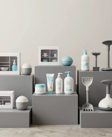 A crisp studio photograph showcasing diverse wholesale product categories arranged neatly on clean grey display platforms against a soft off-white backdrop in a modern North American facility. The scene includes boxed home organization items, sleek baby care products, compact gym equipment, and modern gardening tools organized systematically.