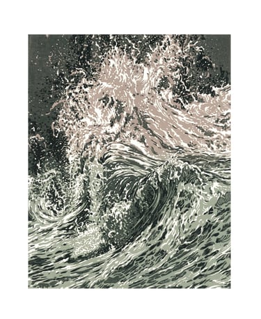 Linogravure, estampe originale,  représentant des vagues.