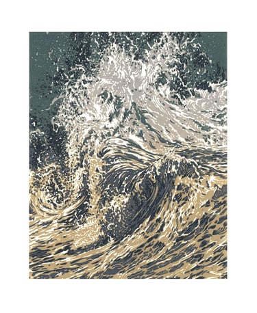 Linogravure, estampe originale,  représentant des vagues.