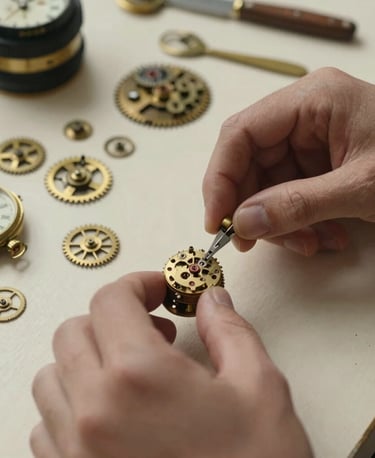 A close-up photograph of a meticulous artisan hand-assembling a collage using vintage clock parts, gears, and century-old watch movements. Soft natural lighting captures the warm antique gold and warm brown brass components against a rustic off-white cream table surface. Elegant, quiet, sophisticated, macro details, North American and Western European vintage art collectors style.
