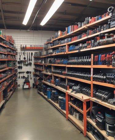 Close-up of yellow and black hand tools neatly arranged on a wooden workbench