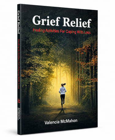 Grief Relief book cover featuring a woman running through a sunlit forest for healing and coping with loss.